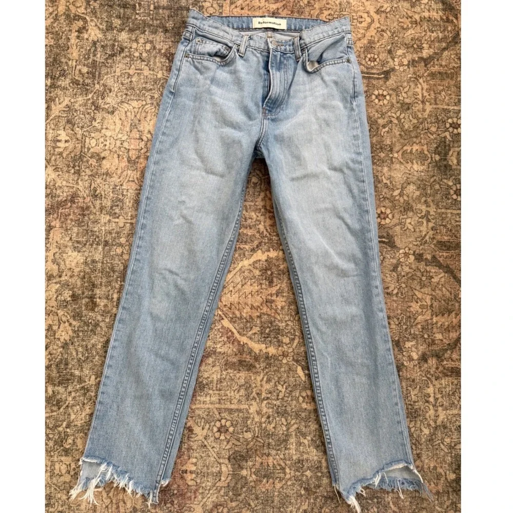 Reformation High Rise Straight Leg Raw Hem Jeans Light Wash Blue Size 27